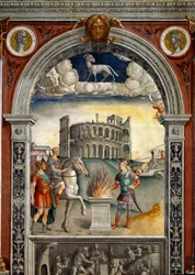 Signe du zodiaque : Bélier. Médaillons supérieurs avec portraits de Jules César et Auguste. En dessous, légende associée à la naissance de la constellation correspondant au signe : Caius Mucius Scaevola, introduit dans le camp ennemi du roi étrusque