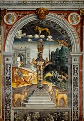 Signe du Zodiaque : Le Lion. Médaillons supérieurs avec portraits des empereurs Vitellius et Vespasien. En dessous, légende associée à la naissance de la constellation correspondant au signe : la déesse Artémis d