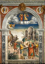 Signe du Zodiaque : Les Gémeaux. En dessous, légende associée à la naissance de la constellation correspondant au signe : deux hommes échangent un artichaut et des fleurs. Une femme embrasse un oiseau, des hommes en arrière-plan accompagnent le dieu Neptun