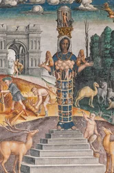 Le signe astrologique du Lion avec Diane, deux cerfs et un satyre comme sur un sarcophage au Palais de Bleinhaim; en arrière-plan l