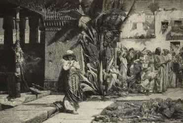 Madeleine, femme avec turban et procession dans un village du Moyen-Orient, gravure par les frères Cantagalli d