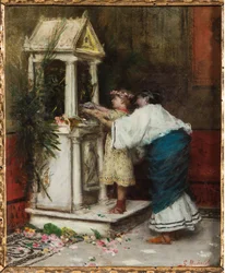 Mère et fille devant un petit temple