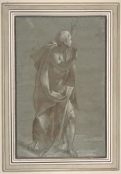 Figure masculine drapée debout avec les mains levées, 1565-71