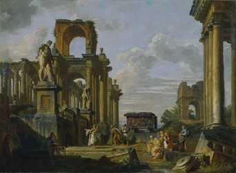 Caprice architectural du Forum romain avec philosophes et soldats parmi les ruines antiques