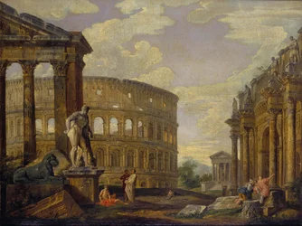 Paysage avec Hercule et ruines de la Rome antique par Giovanni Paolo Panini