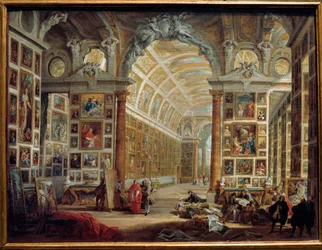 La galerie de Silvio Valenti Gonzaga (ou Gonzague) (1690-1756), cardinal de Clément XII. Peinture de Giovanni Paolo Pannini (Panini) (1691-1765), XVIIIe siècle, 0,48 x 0,64 m, Marseille, musée des Beaux-Arts