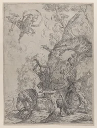 La forge de Vulcain avec des forgerons frappant une enclume avec des marteaux..., 1640-59