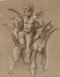 Deux putti portant un troisième putti (recto); Un jeune homme avec un bâton (verso)