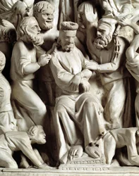 Détail des reliefs de la chaire réalisée par Giovanni Pisano (1248-1314) : Jésus moqué (détail) 1302-1311 Cathédrale de Pise (Duomo di Pisa), Italie