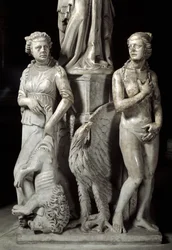 Détail des groupes sculptés soutenant la chaire réalisée par Giovanni Pisano (1248-1314) : deux vertus cardinales (Détail des sculptures soutenant la chaire en marbre, deux vertus cardinales) 1302-1311 Cathédrale de Pise (Duomo di Pisa), Italie