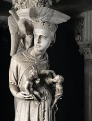 Détail des groupes sculptés soutenant la chaire réalisée par Giovanni Pisano (1248-1314) : l