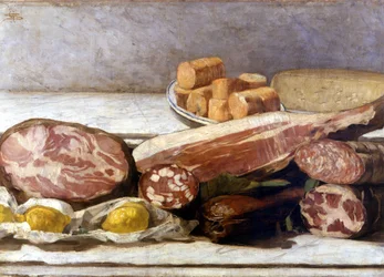 La joie de la couleur, nature morte de charcuteries. Peinture de Giovanni Segantini (1858-1899). 1886. Milan, collection privée.