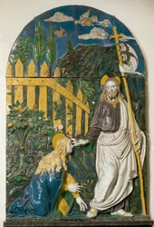 Noli me tangere. Jésus-Christ tient un drapeau blanc (étendard) frappé d