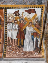 Histoires de la Passion du Christ : Jésus monte au Calvaire portant la croix et aidé par Cyrénéen