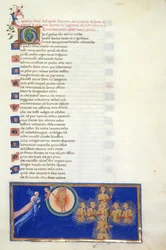 Paradiso, Chant XVIII. Miniature montrant Dante et Béatrice flottant devant la demi-figure de Cacciaguida, qui est à la périphérie du Ciel de Mars, avec la figure ailée de Mars en son centre. Dante est montré les huit saints guerriers qui apparaissent