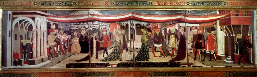 Cérémonie de mariage à la Renaissance, panneau décorant le Cassone Adimari. Scène de mariage sur la Piazza del Duomo (Place de la Cathédrale Santa Maria del Fiore). Les couples dans le cortège avancent sous un dais
