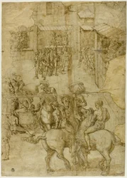 Pageant mythologique (recto); Inscriptions illisibles et études anatomiques de la tête (verso)