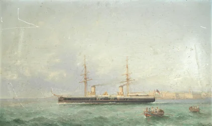 Le cuirassé HMS Inflexible se dirige vers la mer à partir de Grand Harbour, La Valette.