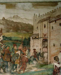 Retour de Bartolomeo Colleoni et du roi Christian à Malpaga après la partie de chasse (fresque)