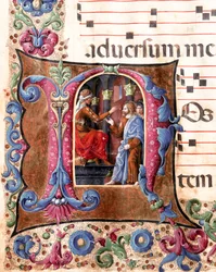 Lettrine décorée représentant Jésus-Christ devant Ponce Pilate. Miniature de Girolamo da Cremona et Liberale da Verona d