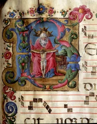 Lettrine B décorée représentant la Sainte Trinité (Trône de Grâce) Dieu, Jésus-Christ et la colombe du Saint-Esprit. Miniature de Girolamo da Cremona d