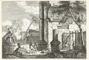 Ruines antiques avec pilleurs de tombes et palmier