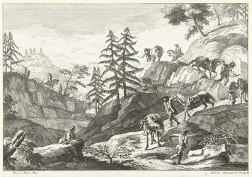 Paysage de montagne avec cavaliers menant des chevaux en descente sur un chemin (Italiaanse landschappen)