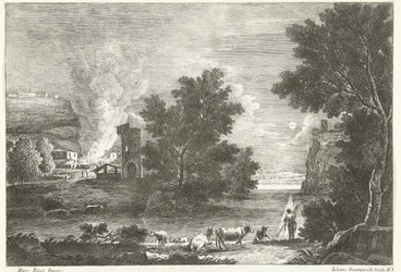 Paysage au clair de lune avec incendie (série: Paysages italiens)