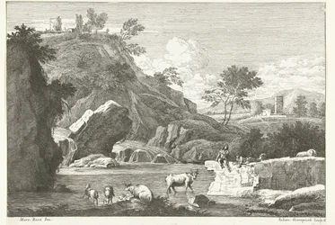 Paysage avec deux bergers et du bétail près de l