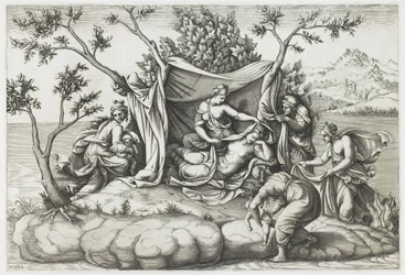 Latone donnant naissance à Apollon et Diane, gravé par Diana Mantovana, après 1575