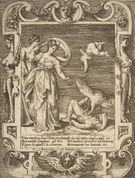 Un vautour mangeant les entrailles de Titius, Cupidon au-dessus de deux femmes à gauche, dans un cadre élaboré