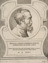 Portrait en buste de Michel-Ange tourné vers la droite, dans un cartouche