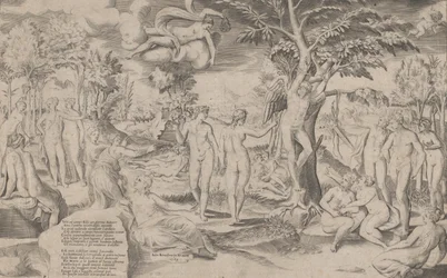 Cupidon dans les Champs Élysées attaché à un arbre au centre, entouré de nombreuses figures, 1563