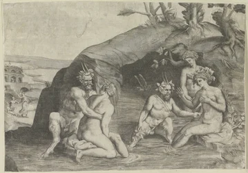 Trois nymphes et deux satyres se baignant