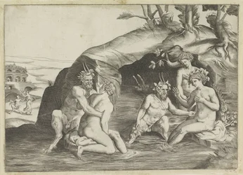 Trois nymphes et deux satyres se baignant