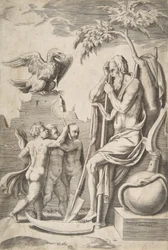 Le Temps à droite appuyé sur une faux, trois garçons nus et un aigle à gauche, 1531-76