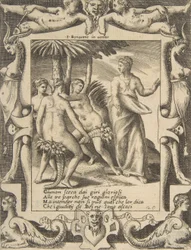 Junon à droite se tournant et parlant aux Parques, dans un cadre élaboré, vers 1531-76