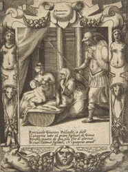 Junon persuadant Athéna de nourrir le jeune Hercule, dans un cadre élaboré, vers 1531-76