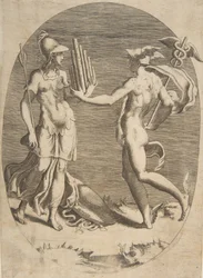 Mercure présentant une flûte de Pan à Minerve qui se tient à gauche, une composition ovale, 1531-76