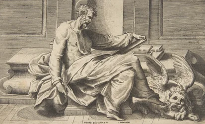 Saint Marc écrivant son Évangile, un lion ailé à droite
