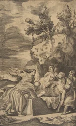 La mise au tombeau du Christ, les croix du Calvaire visibles en arrière-plan à gauche