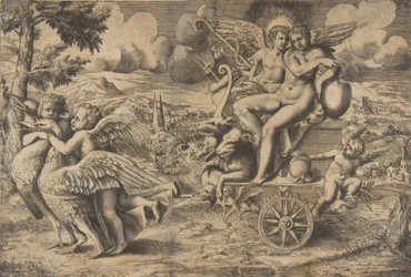 Le triomphe de Cupidon et Psyché assis sur un char tiré par deux oiseaux, ca. 1550-67