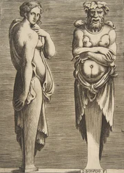 Deux termes, une nymphe à gauche Silvanus à droite, vers 1530-50