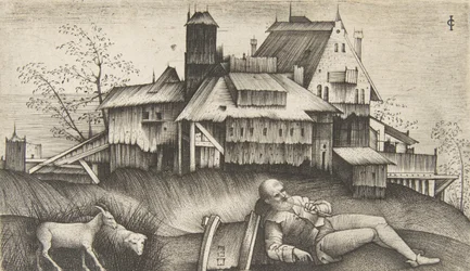 Le vieux berger allongé dans un paysage, bâtiments derrière, une chèvre et un mouton, vers 1500-1515