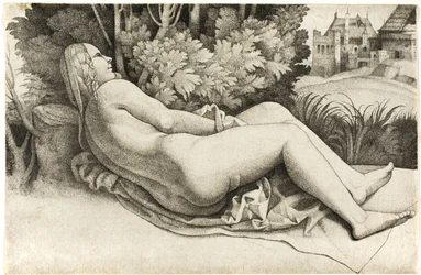 Femme allongée dans un paysage
