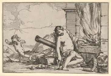 Le Feu, représenté par Vénus assise devant la forge de Vulcain, avec une armure, un canon, et...