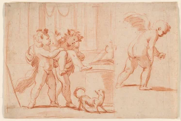 Deux putti portant un troisième putto; un autre putto de dos