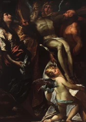 La descente de croix avec les saints Marie-Madeleine, Augustin, Jérôme et les anges, vers 1618 (huile sur toile)
