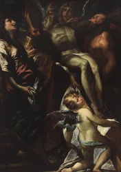 La Descente de Croix avec les saints Marie-Madeleine, Augustin, Jérôme et les anges, vers 1618