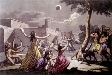 Anciens Péruviens (Incas) devant une éclipse de lune - dans « The Old and Modern Costume » par Jules Ferrario